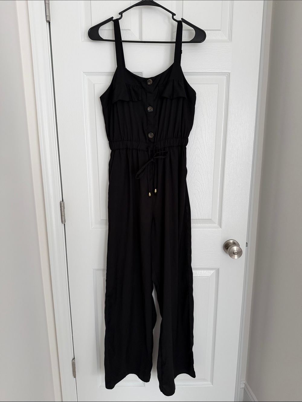 indulge Black Button-Front Wide Leg Jumpsuit with Ruffle Trim